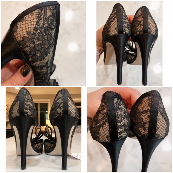 VALENTINO GARAVANI Black D’orsay Floral Lace Bow Peep Toe Satin Pumps SZ 36.5 - Picture 15 of 17